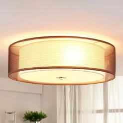 Lámpara de techo Lindby Tobia, marrón, de tela, Ø 50 cm, E27