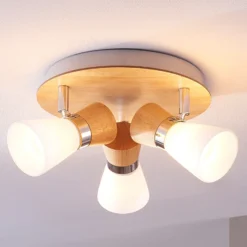 Lámpara de techo Lindby Vivica, Ø 26 cm, cromo/madera, 3 luces