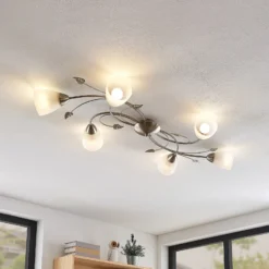 Lámpara de techo Lindby Yannie, 6 luces, 106 cm, níquel/blanco, cristal