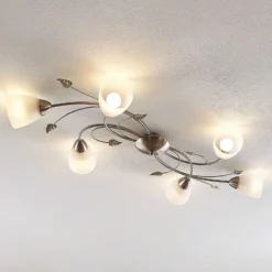 Lámpara de techo Lindby Yannie, 6 luces, 106 cm, níquel/blanco, cristal