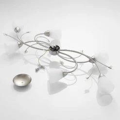 Lámpara de techo Lindby Yannie, 6 luces, 106 cm, níquel/blanco, cristal