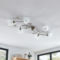 Lámpara de techo Lindby Yannie, 6 luces, 106 cm, níquel/blanco, cristal