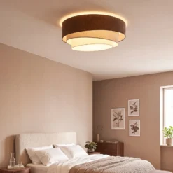 Lámpara de techo Trio, marrón/beige, Ø 60 cm, tejido, E27