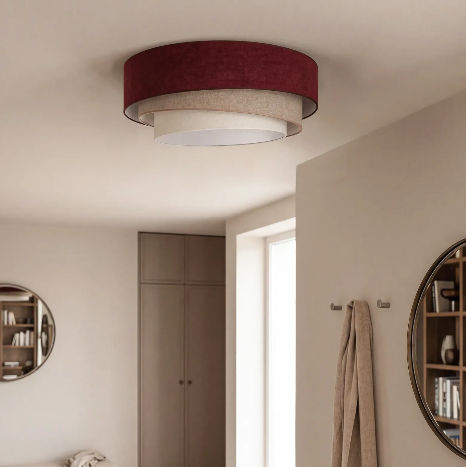 Lámpara de techo Trio, rojo oscuro/beige, Ø 60 cm, tejido, E27