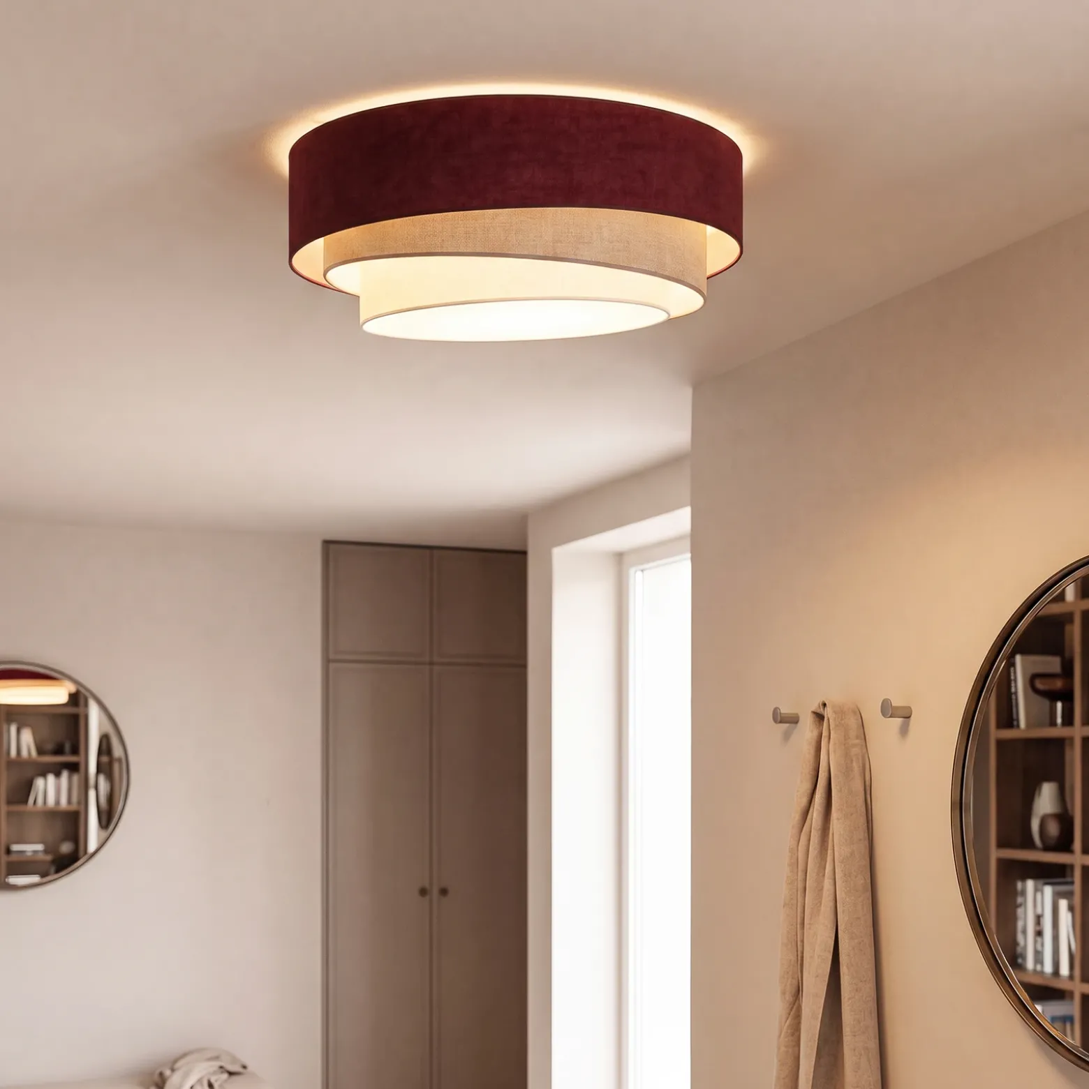 Lámpara de techo Trio, rojo oscuro/beige, Ø 60 cm, tejido, E27