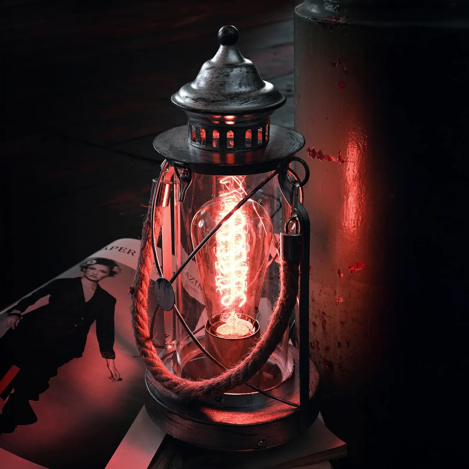 Lámpara farol de sobremesa Kirian plata antigua