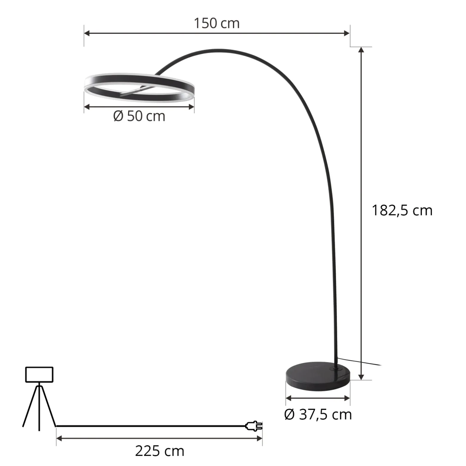 Lámpara LED arqueada Lucande Yekta, negra, 183 cm, atenuable