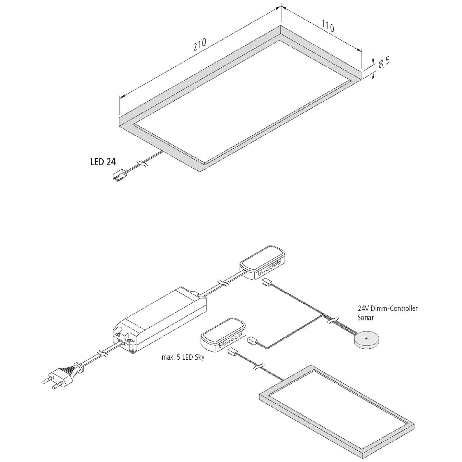 Lámpara LED bajo mueble Sky Atenuador 2 unidades 3.000K acero inoxidable