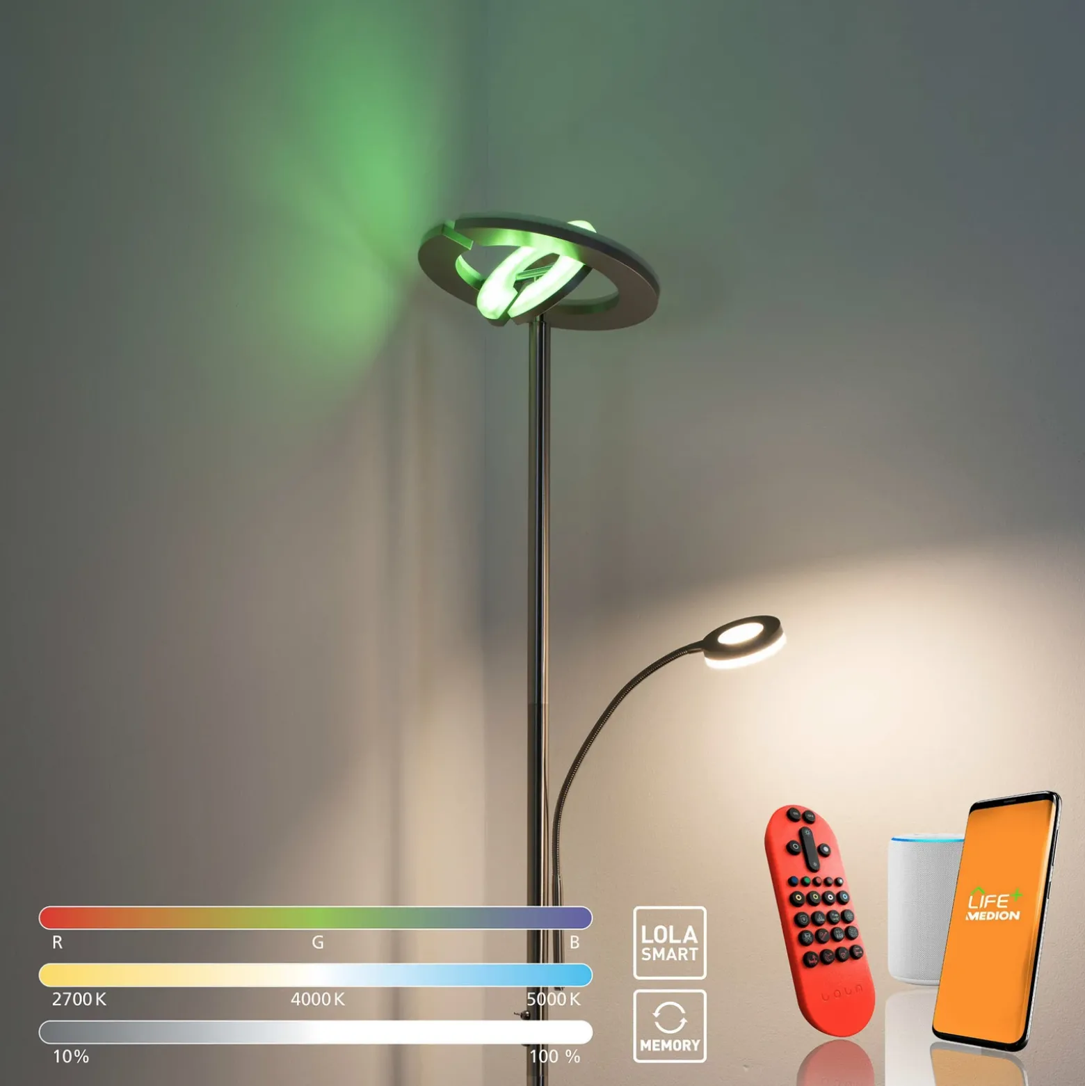 lámpara LED de pie LOLAsmart Rocco con brazo de lectura