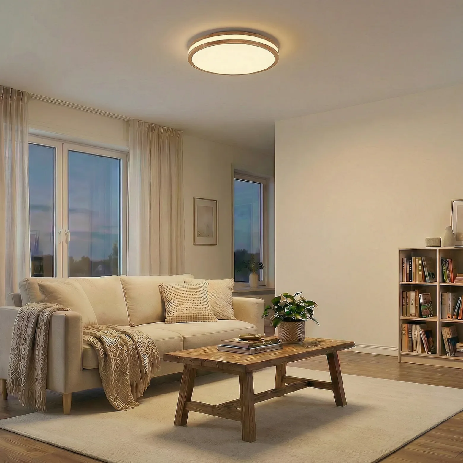 Lámpara LED de techo Lindby Emiva, 50 cm, madera clara, CCT