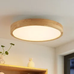 Lámpara LED de techo Lindby Lanira, Ø 50 cm, madera, control remoto, CCT