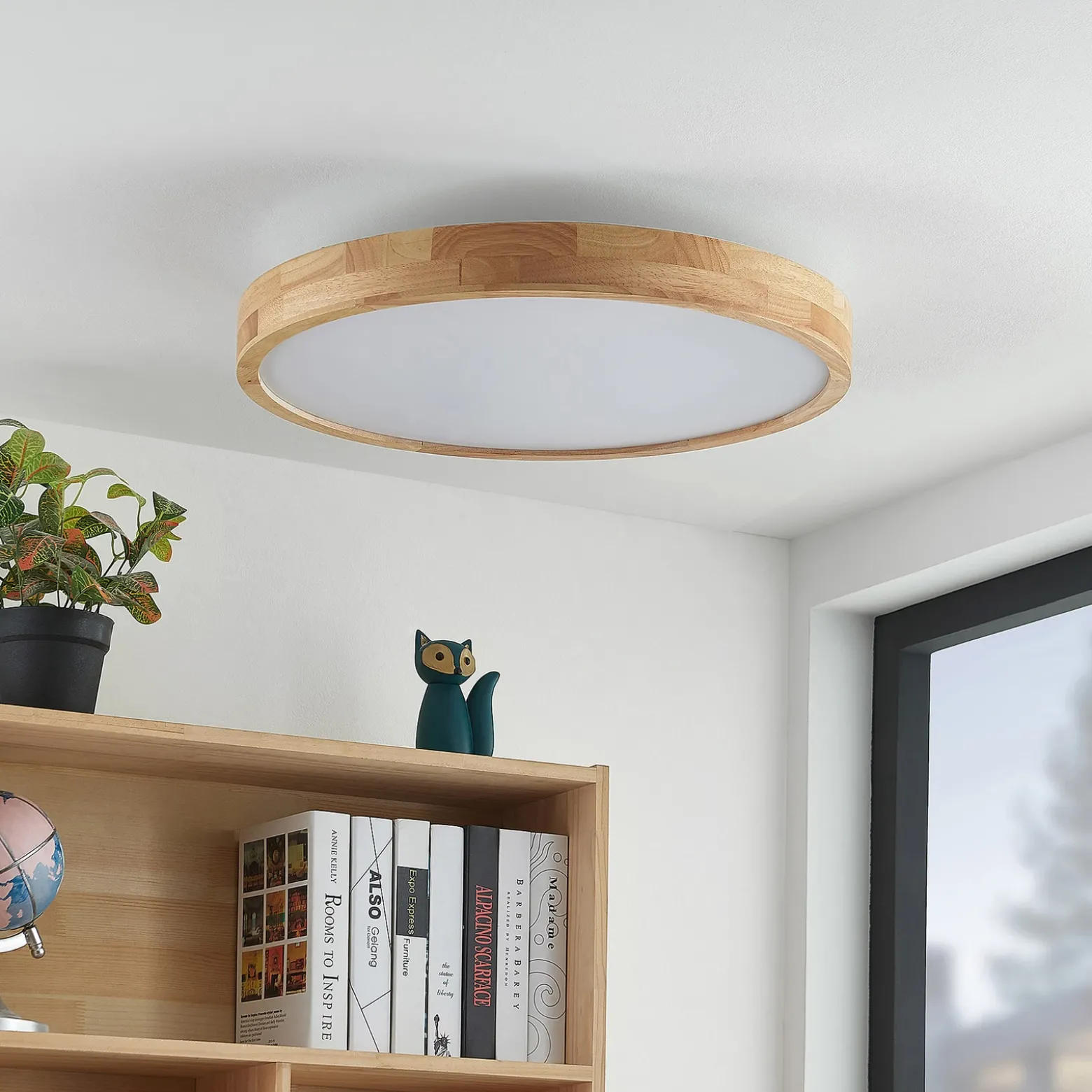 Lámpara LED de techo Lindby Lanira, Ø 60 cm, madera, control remoto, CCT