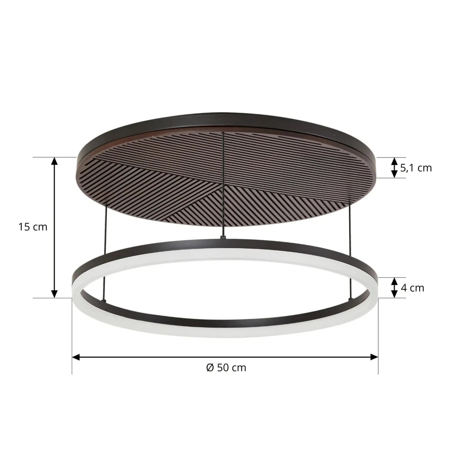 Lámpara LED de techo Lucande Orven, negro/madera, Ø50 cm, atenuable
