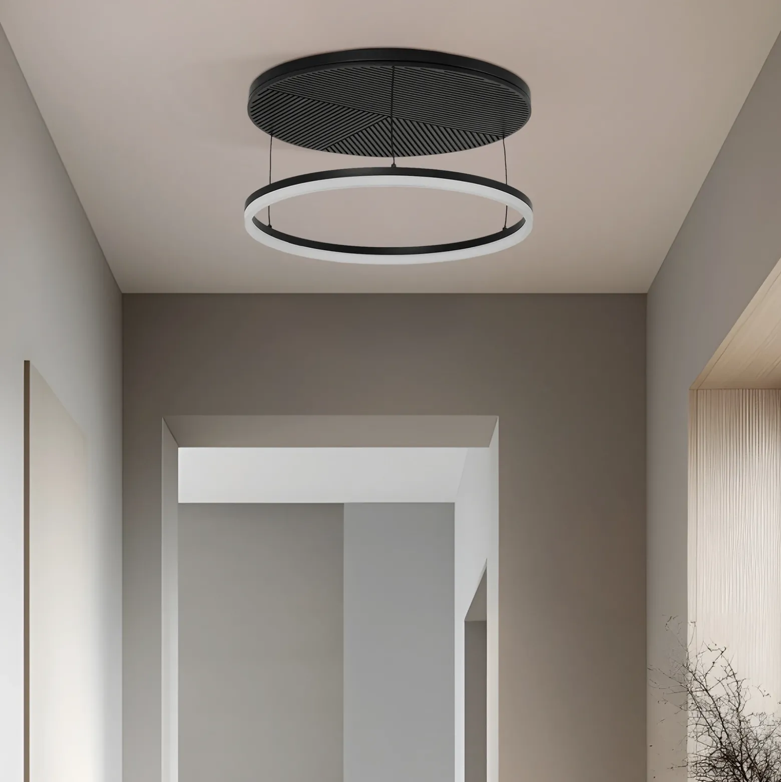Lámpara LED de techo Lucande Orven, negro/madera, Ø50 cm, atenuable