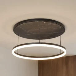 lámpara LED de techo Lucande Orven, negro/mármol, Ø 50 cm, atenuable.