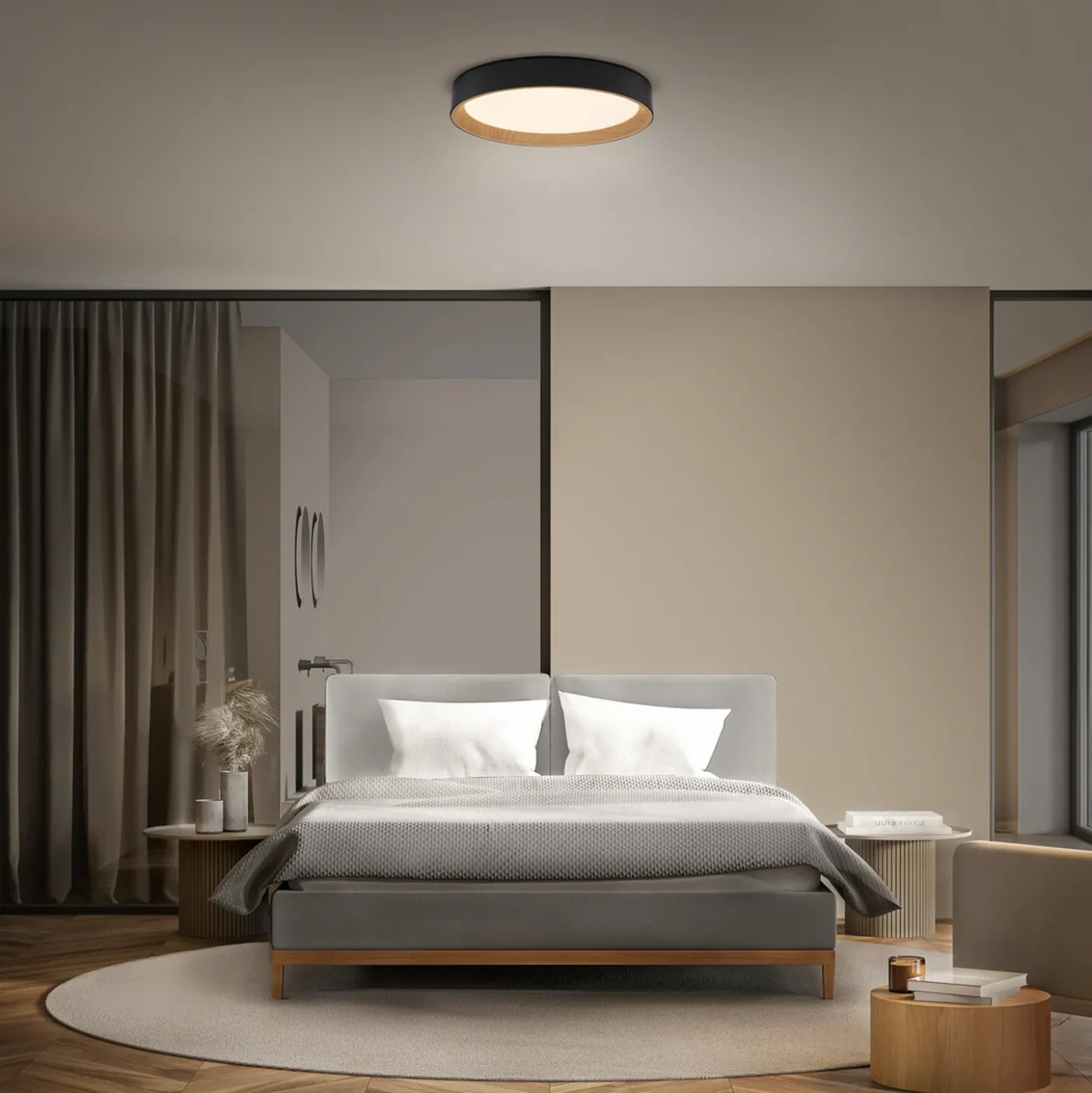 Lámpara LED de techo ORBIS LARIOS de OSRAM, negro/madera, Ø 49 cm, atenuable