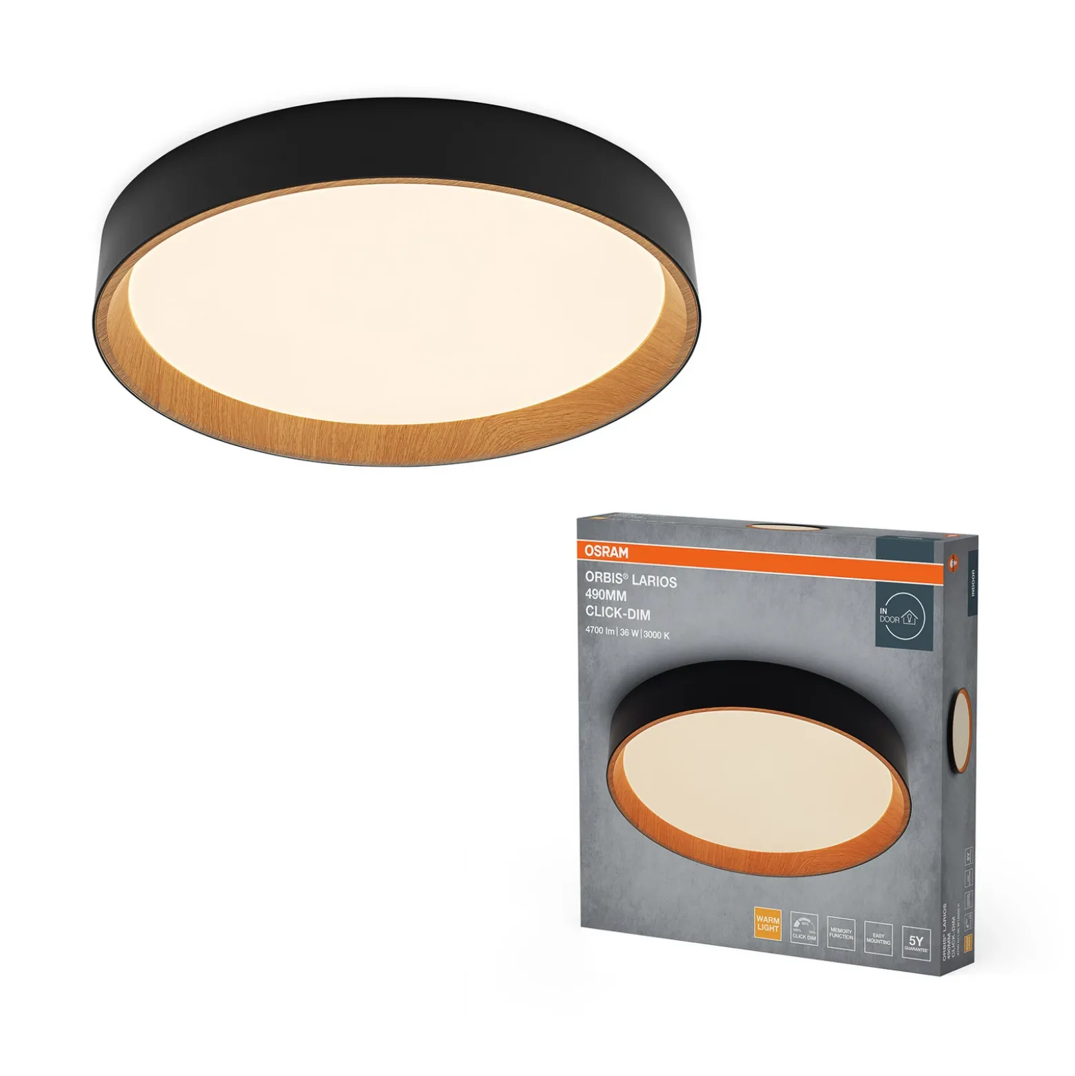 Lámpara LED de techo ORBIS LARIOS de OSRAM, negro/madera, Ø 49 cm, atenuable