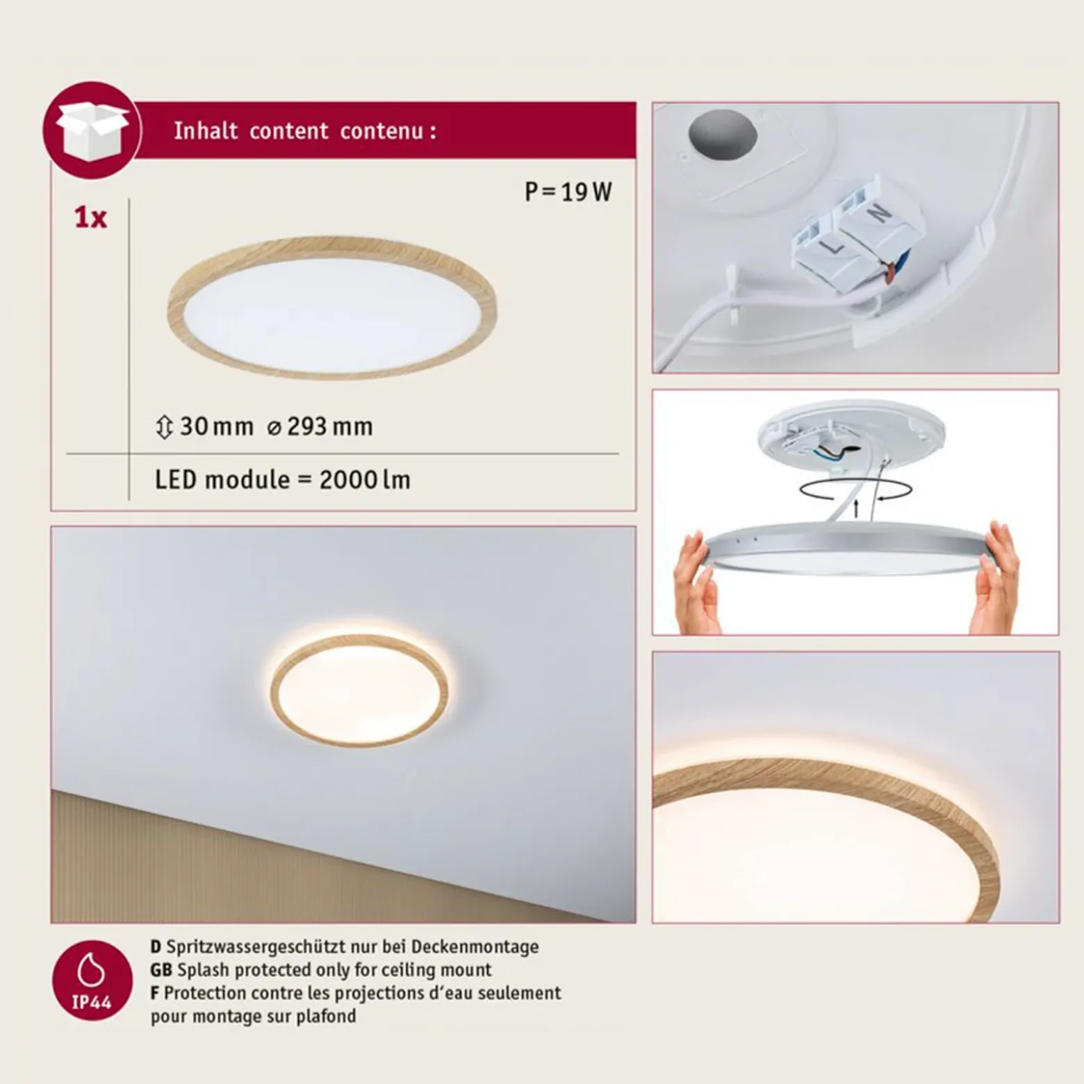 lámpara LED de techo Paulmann Atria Shine Ø29cm roble IP44 3.000K