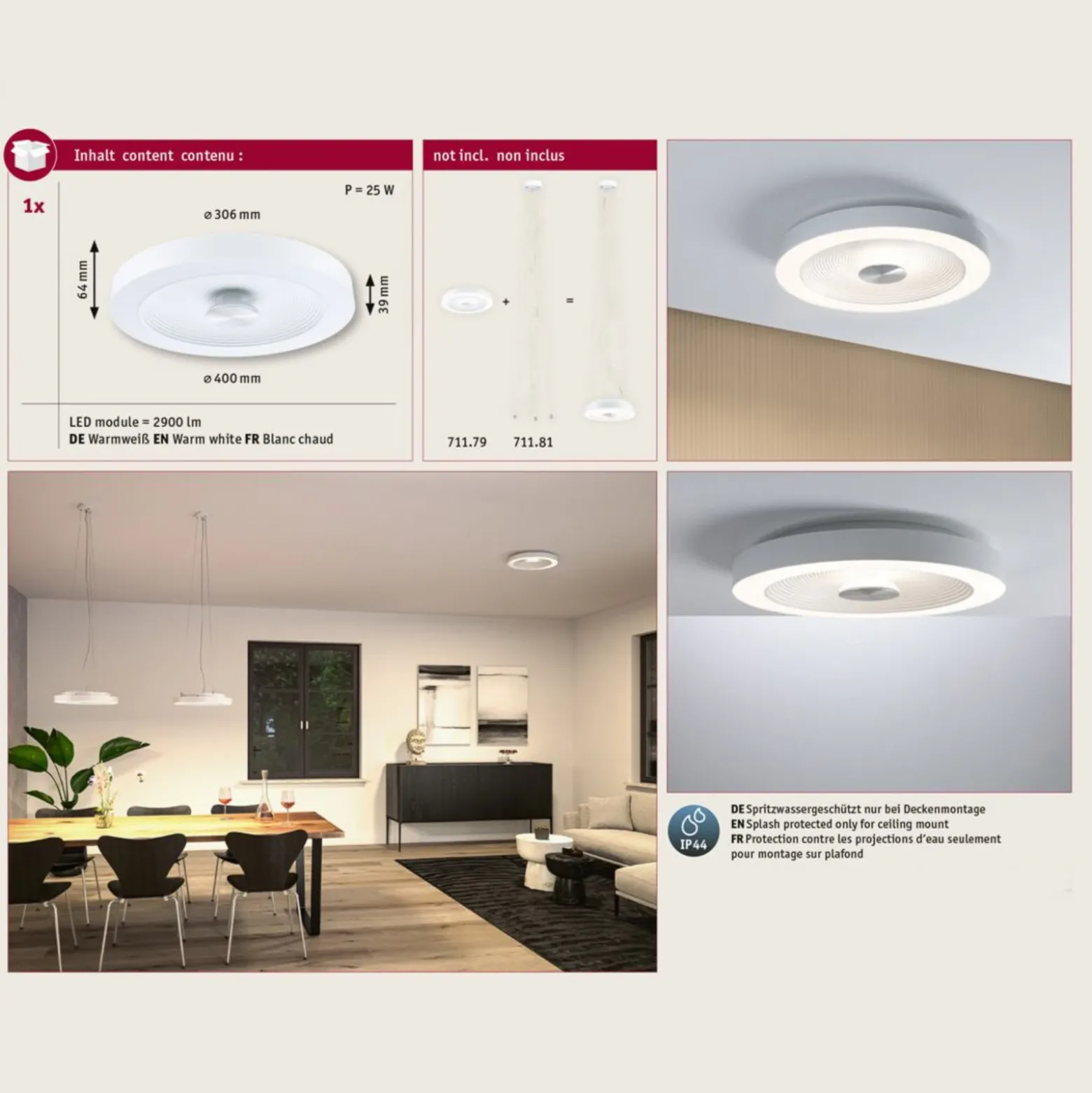 lámpara LED de techo Paulmann Volea, blanco/plata Ø 40 cm IP44 atenuable