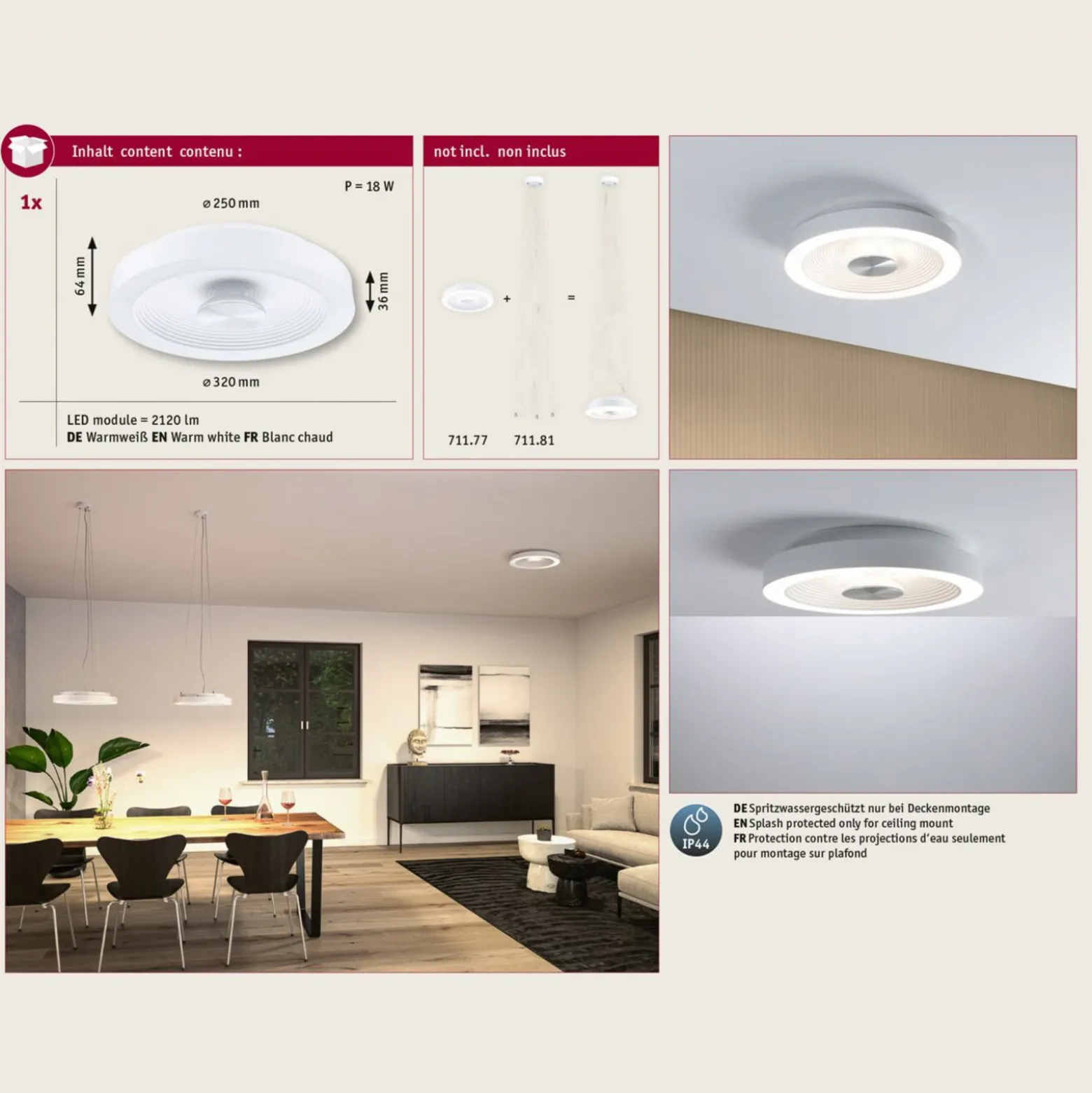 lámpara LED de techo Paulmann Volea, blanco/plata Ø 32 cm IP44 atenuable