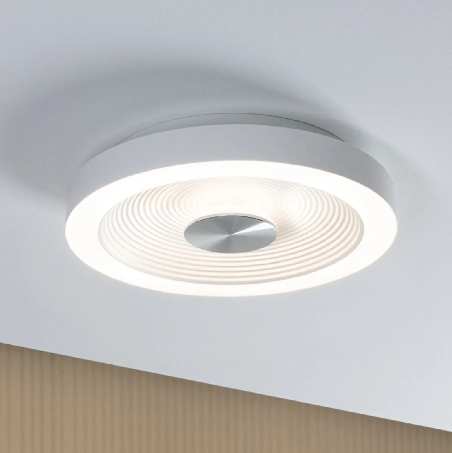 lámpara LED de techo Paulmann Volea, blanco/plata Ø 32 cm IP44 atenuable