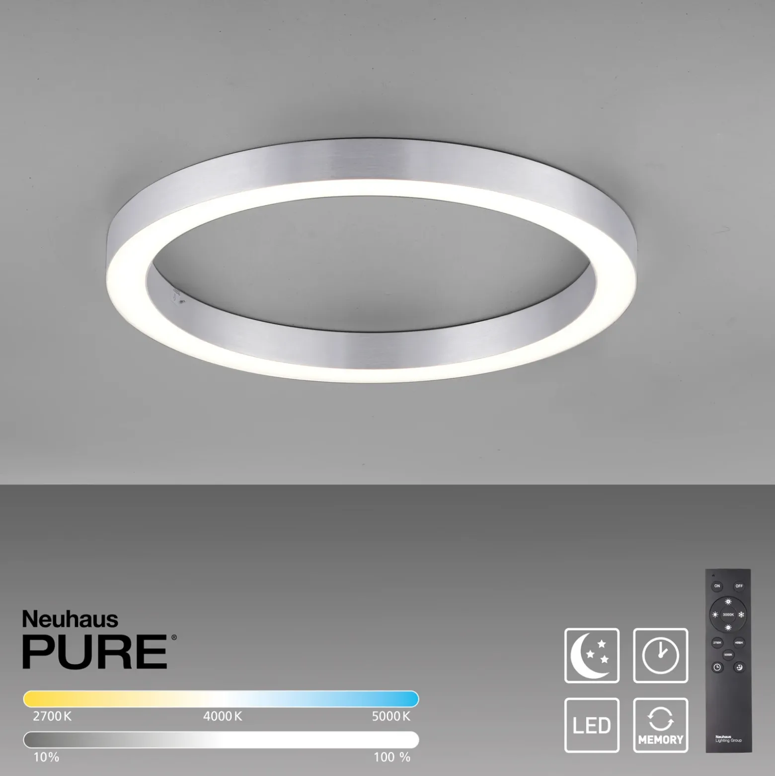 Lámpara LED de techo PURE Lines, Ø 50 cm, color plateado, CCT