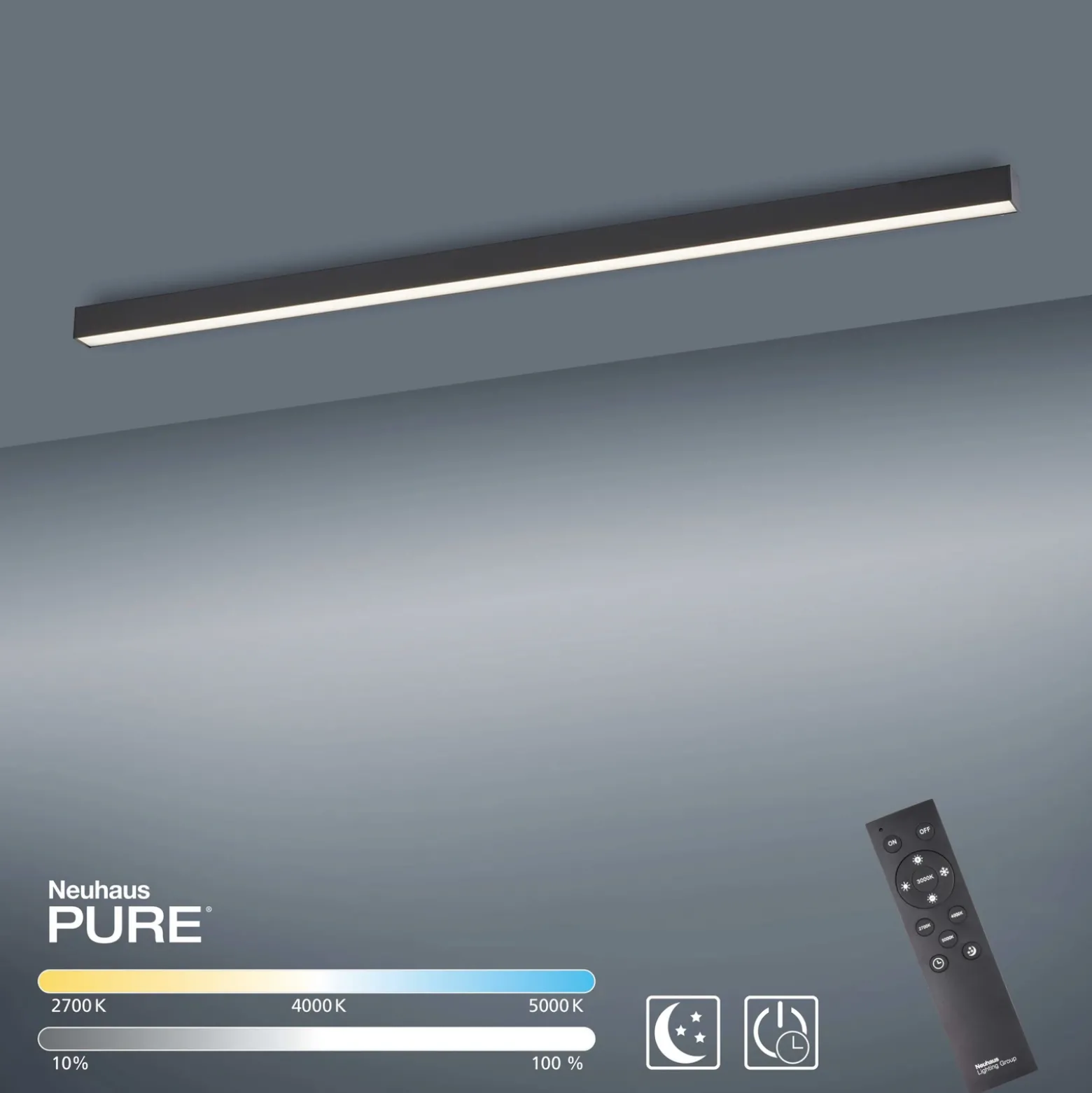Lámpara LED de techo PURE Lines, 110 cm, antracita, CCT, control remoto