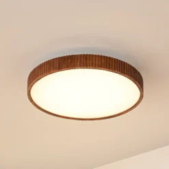 lámpara LED de techo Velua de Lindby, blanco/madera oscura, CCT, Ø 50 cm