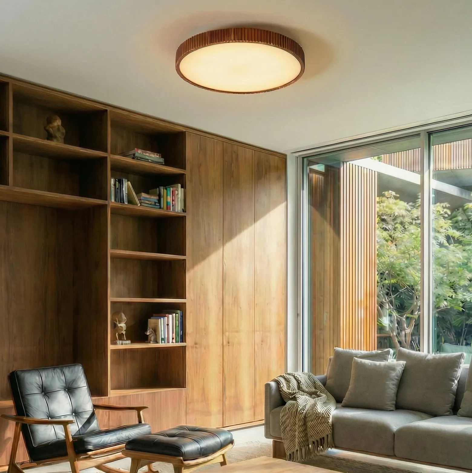 lámpara LED de techo Velua de Lindby, blanco/madera oscura, CCT, Ø 50 cm