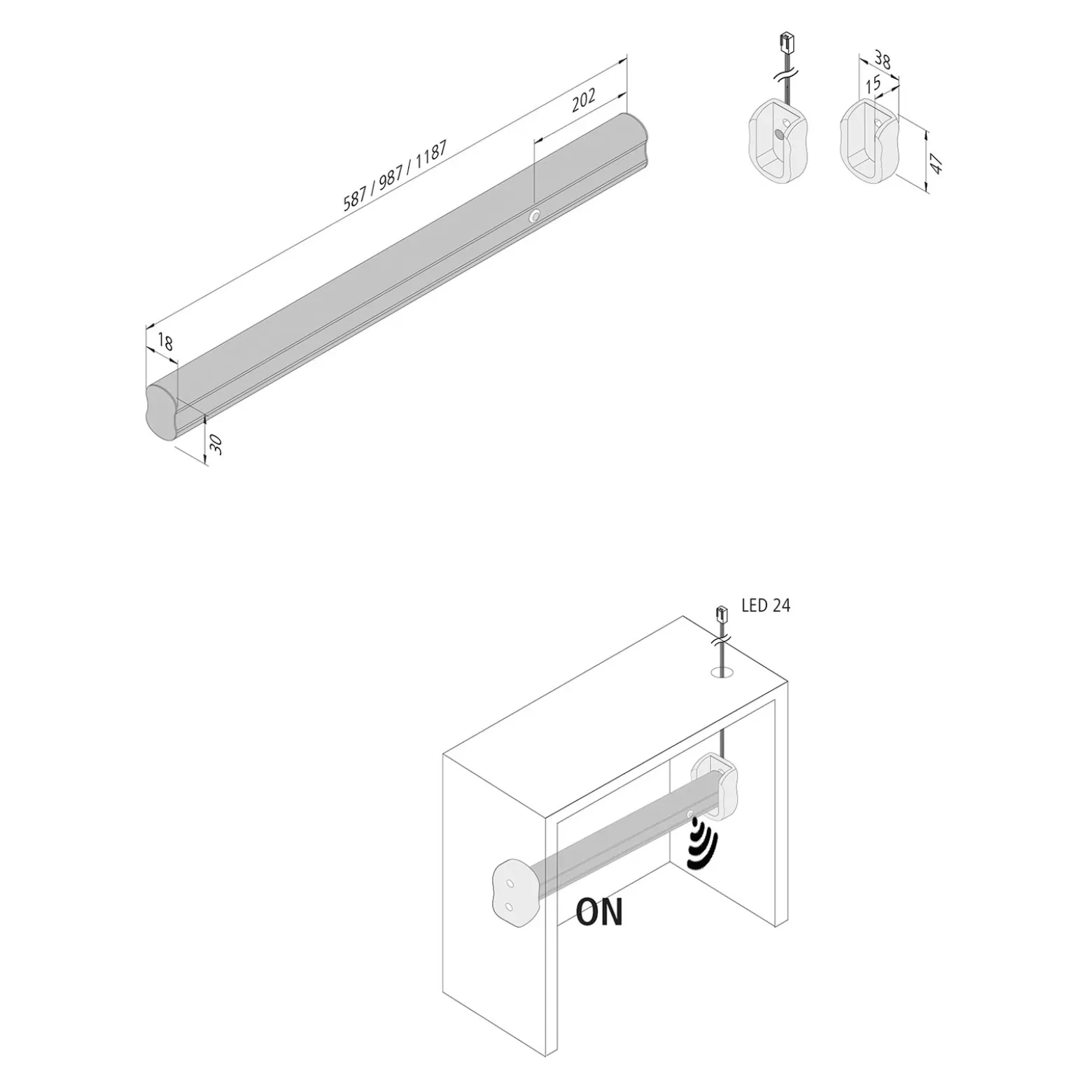 Lámpara LED para barra de ropa con sensor, 60cm