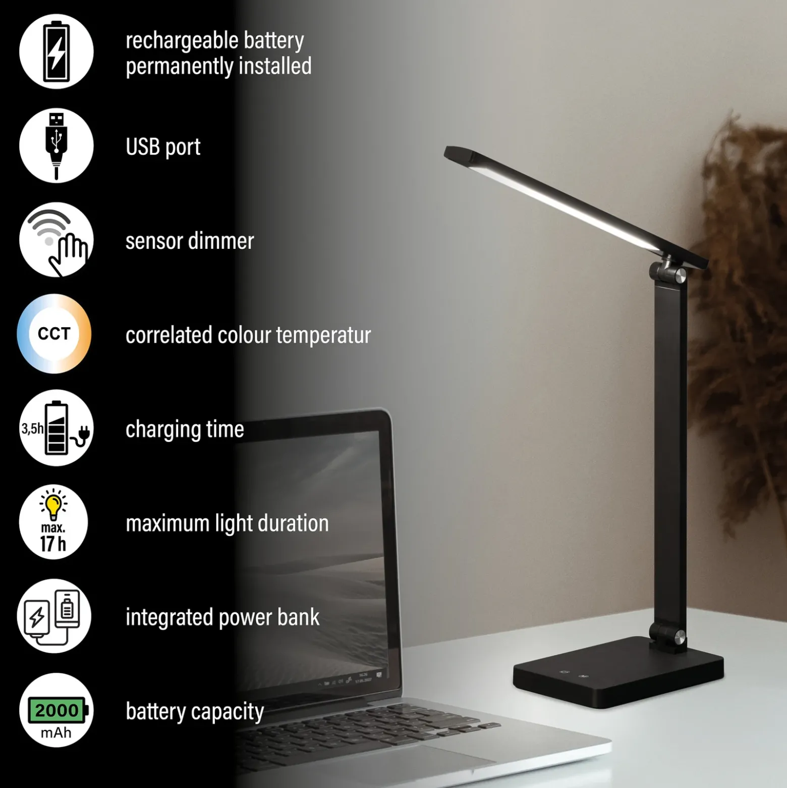 Lámpara LED recargable de sobremesa Ole, negra, con sensor, atenuable, CCT
