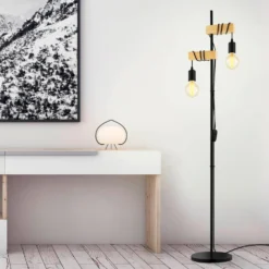 Lámpara pie Townshend 2 luces negro/madera clara