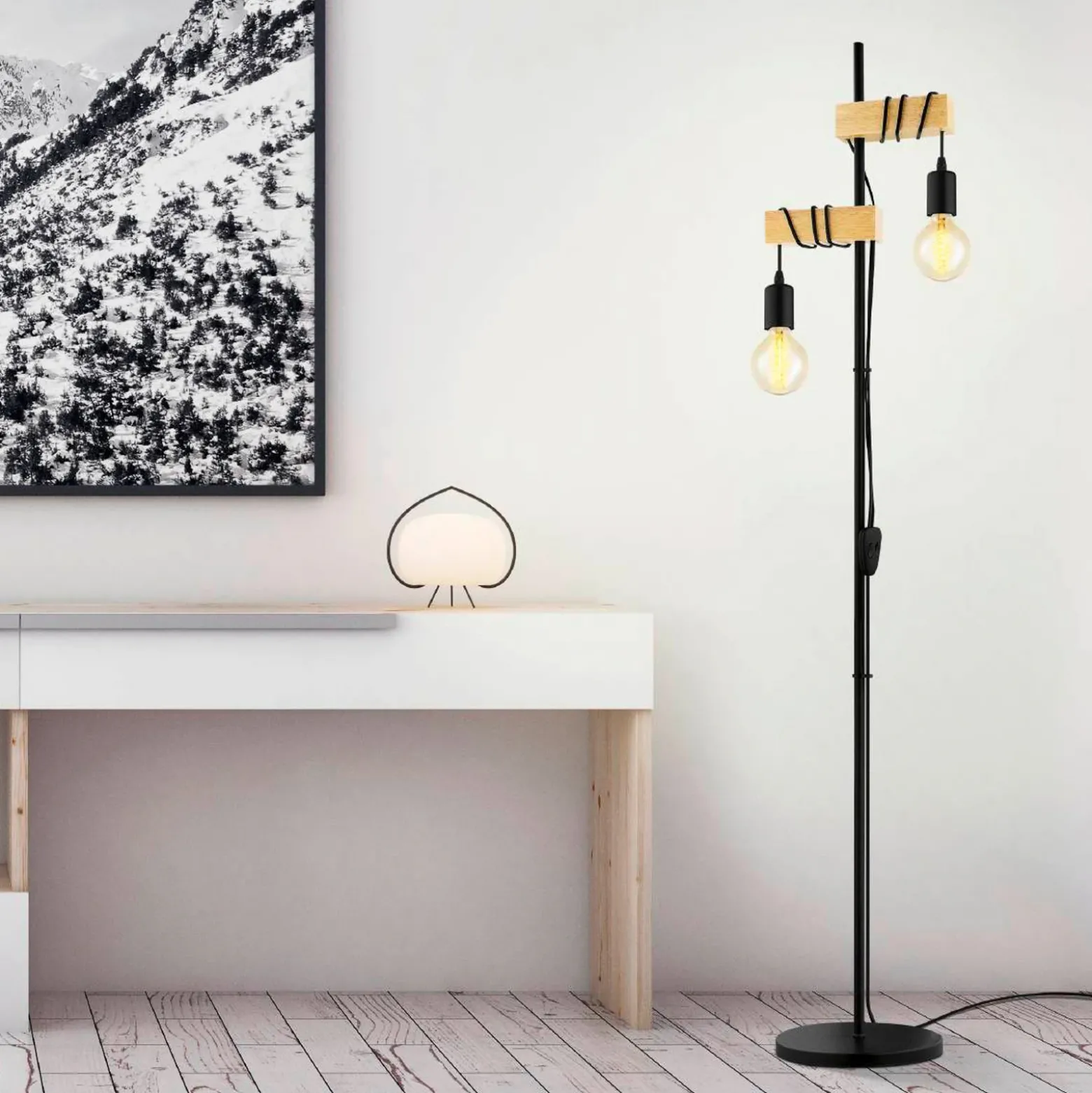 Lámpara pie Townshend 2 luces negro/madera clara