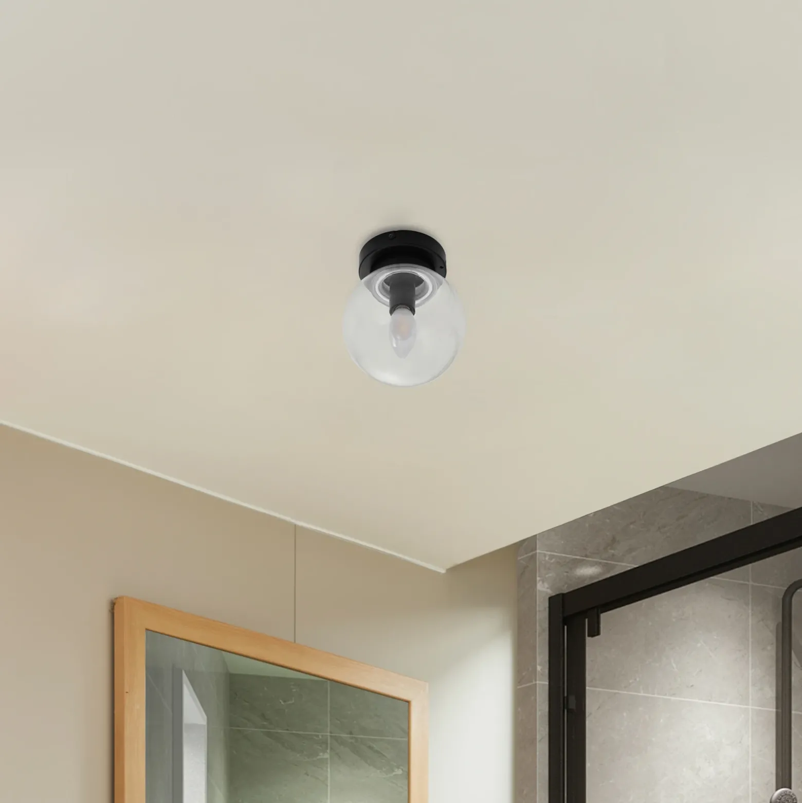 Lucande Badolo plafón, negro, cristal, Ø 15 cm, IP44
