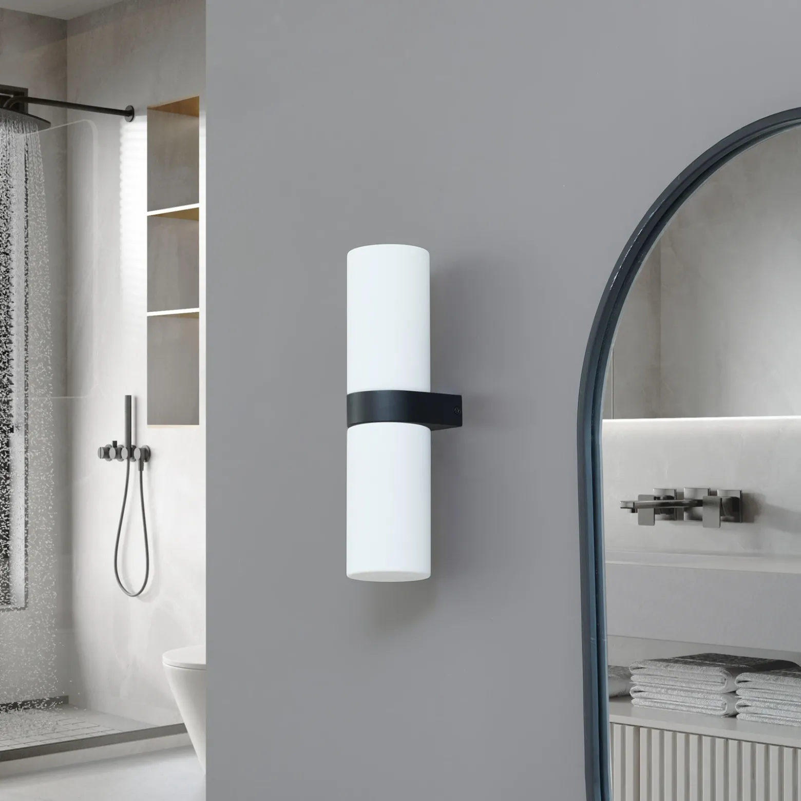 Lucande Basolo aplique para baño, negro, altura 31,5 cm, cristal