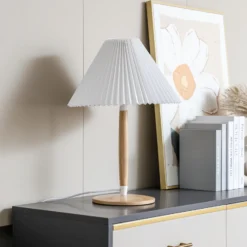 Lucande Ellorin lámpara de mesa, blanco, madera, Ø 37 cm, E27