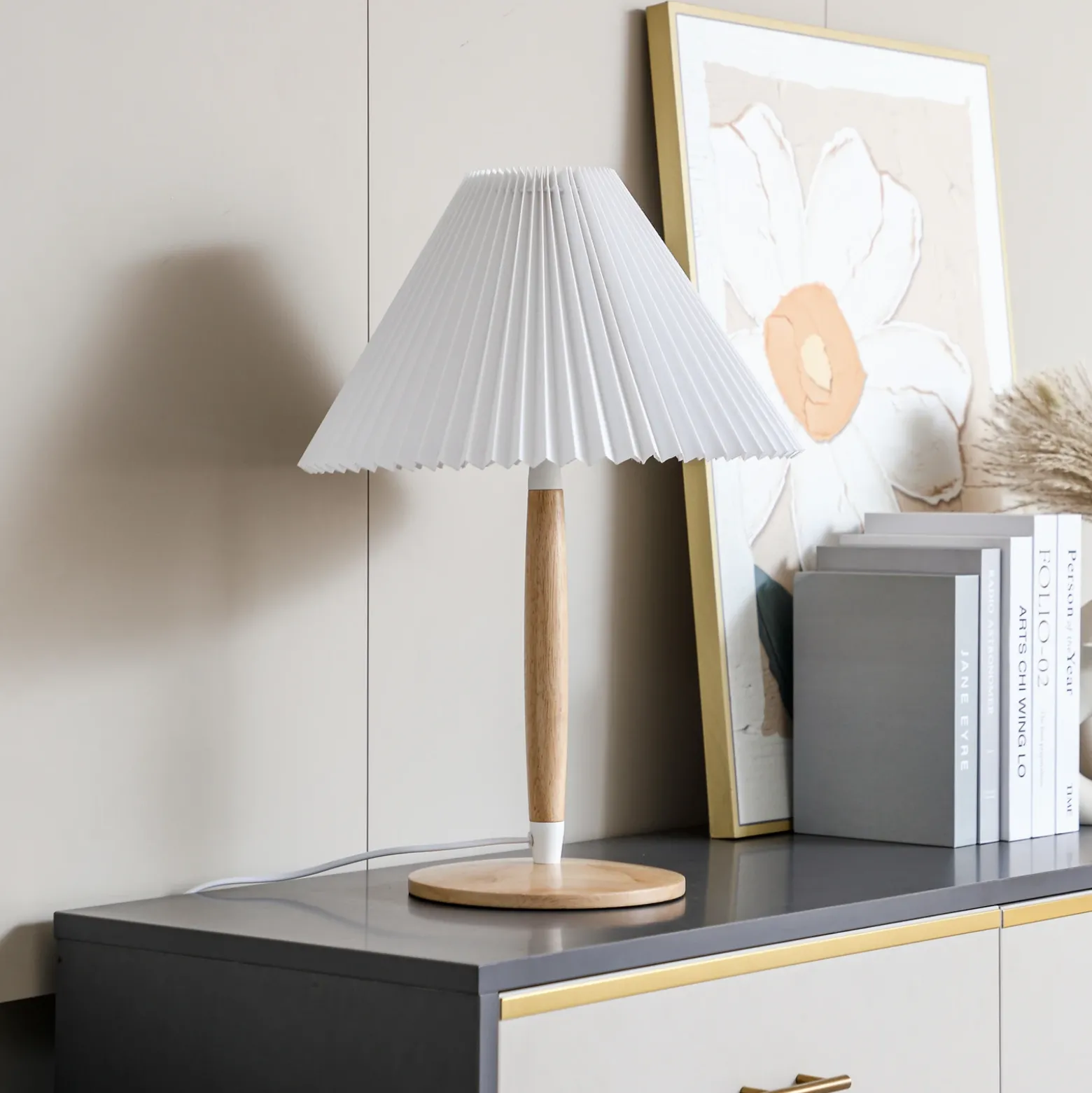 Lucande Ellorin lámpara de mesa, blanco, madera, Ø 37 cm, E27