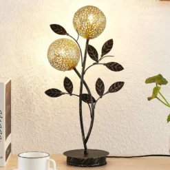 Lucande Evory lámpara de mesa, 48 cm, 2 luces, negro/oro, G9