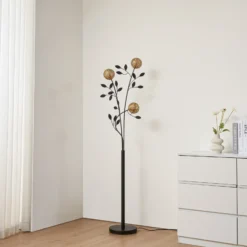 Lucande Evory lámpara de pie, 160 cm, 3 luces, negro/oro, G9