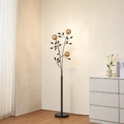Lucande Evory lámpara de pie, 160 cm, 3 luces, negro/oro, G9