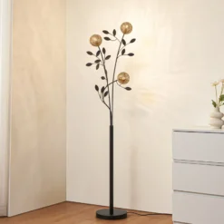 Lucande Evory lámpara de pie, 160 cm, 3 luces, negro/oro, G9