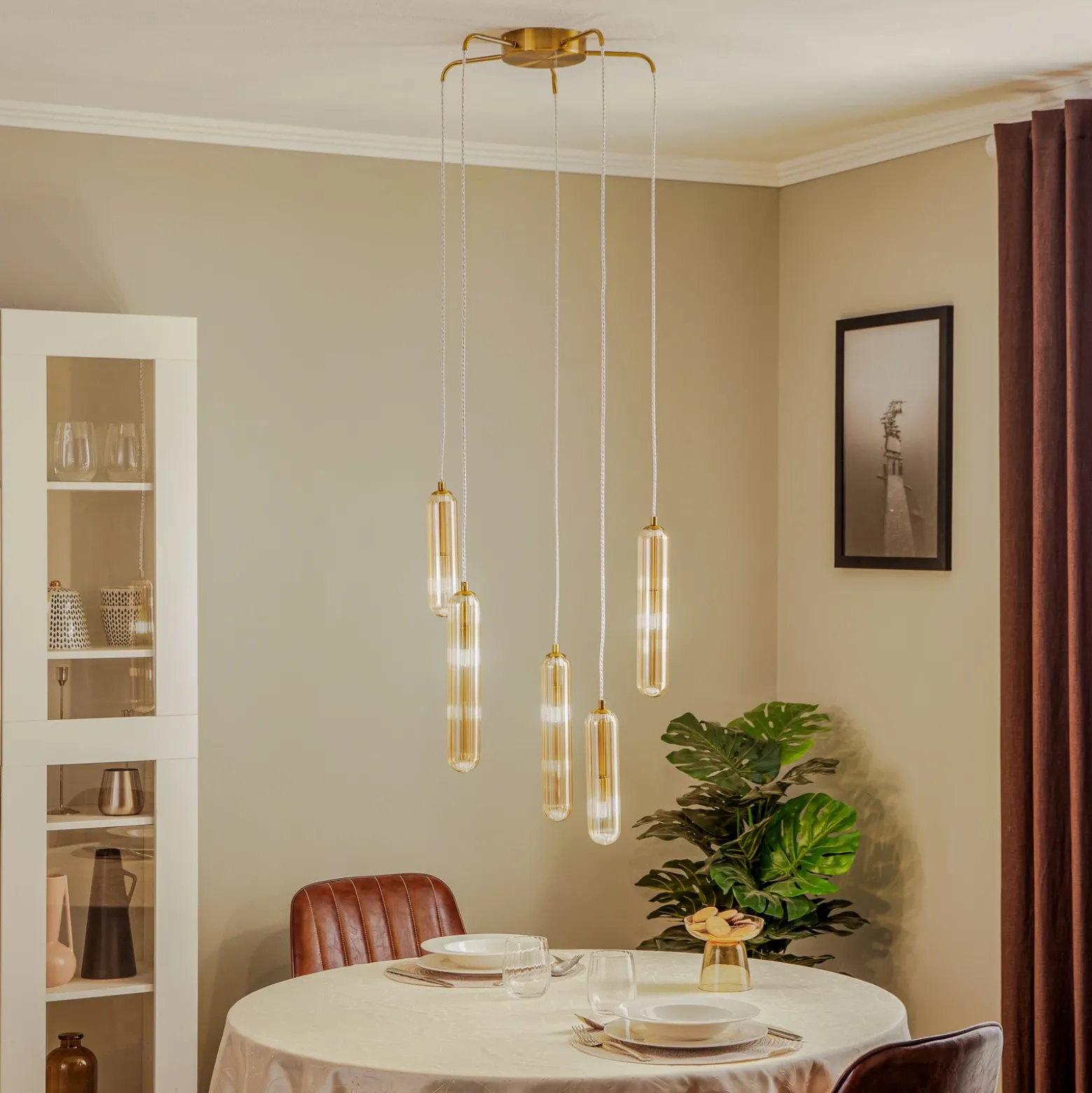 Lucande Freylin lámpara colgante, 5 luces, ámbar, cristal, 48 cm