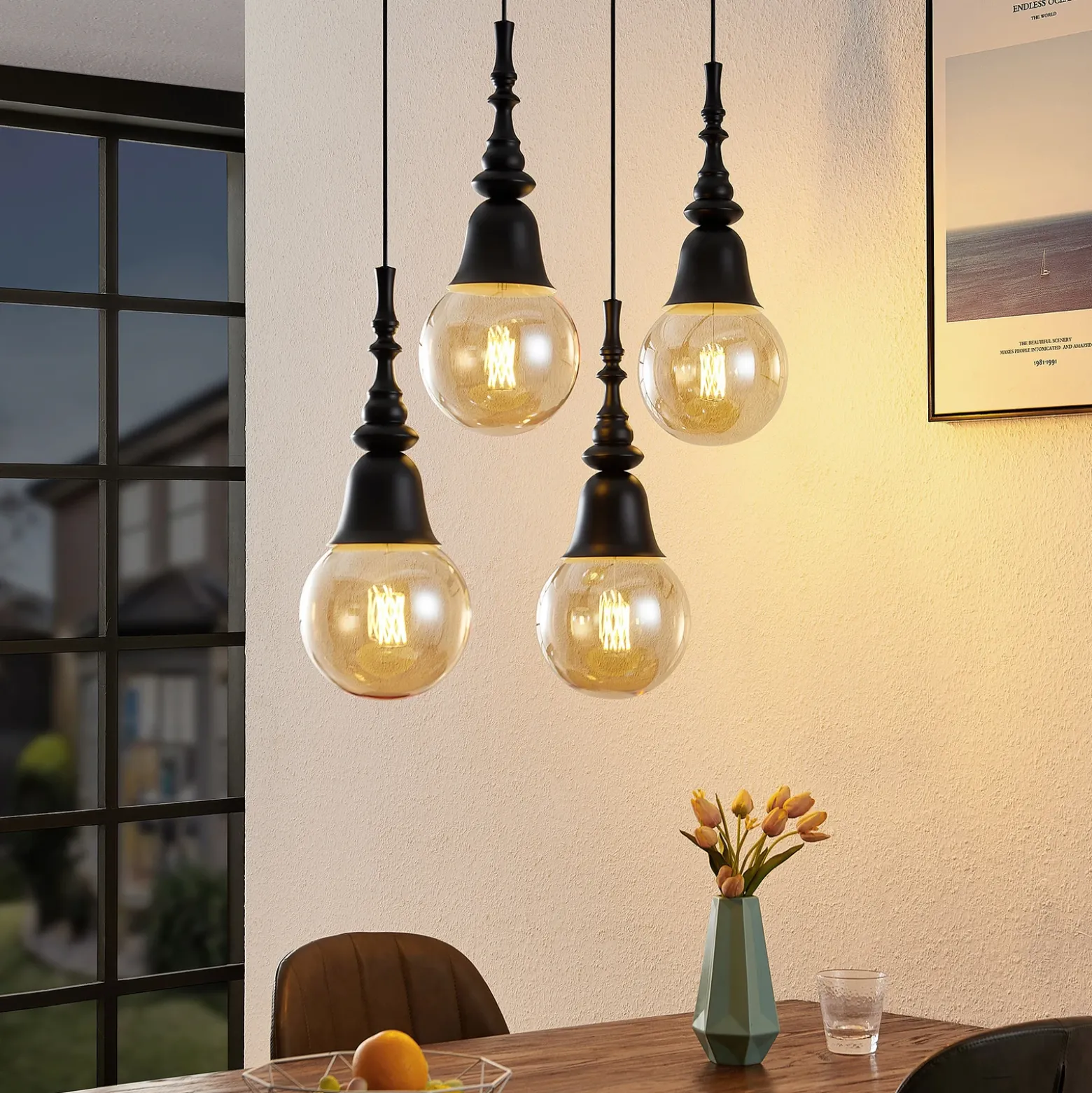 Lucande Gesja colgante, 4 luces, largo, negro