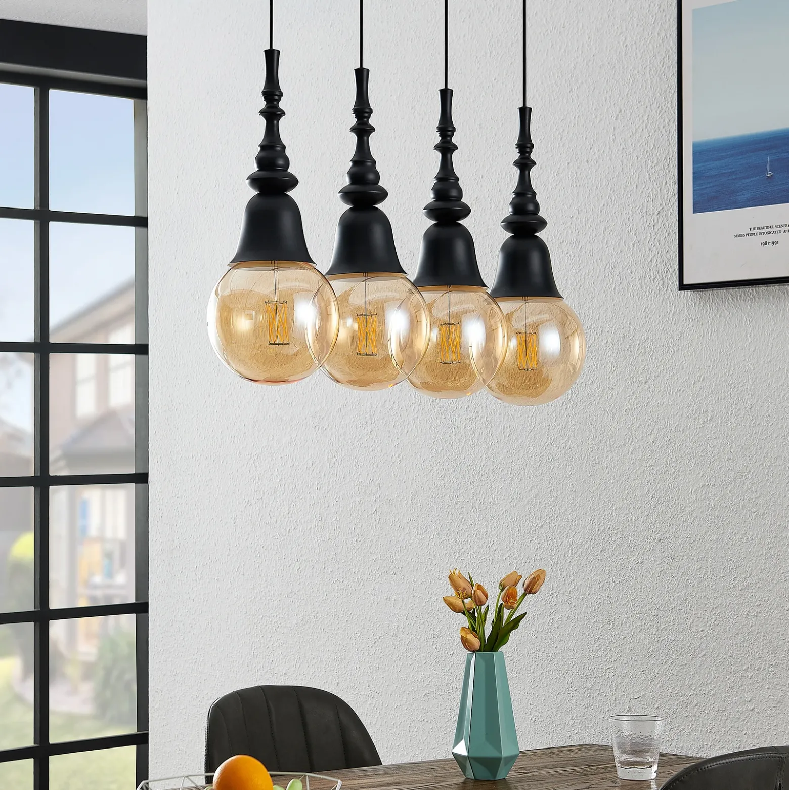 Lucande Gesja colgante, 4 luces, largo, negro