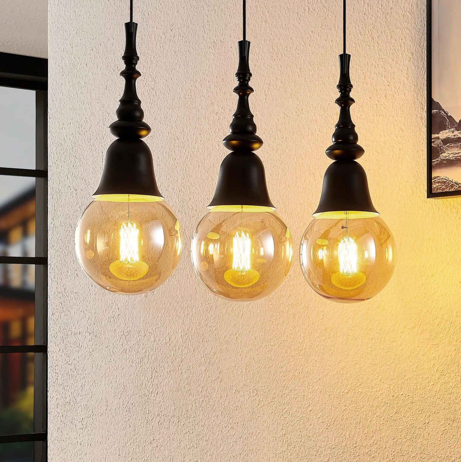 Lucande Gesja colgante, 3 luces, largo, negro