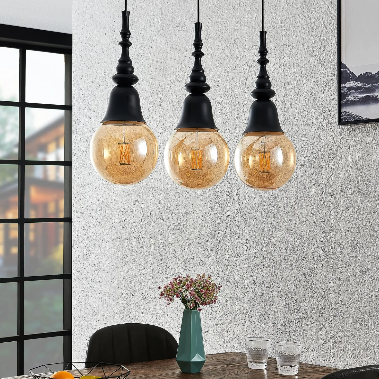 Lucande Gesja colgante, 3 luces, largo, negro