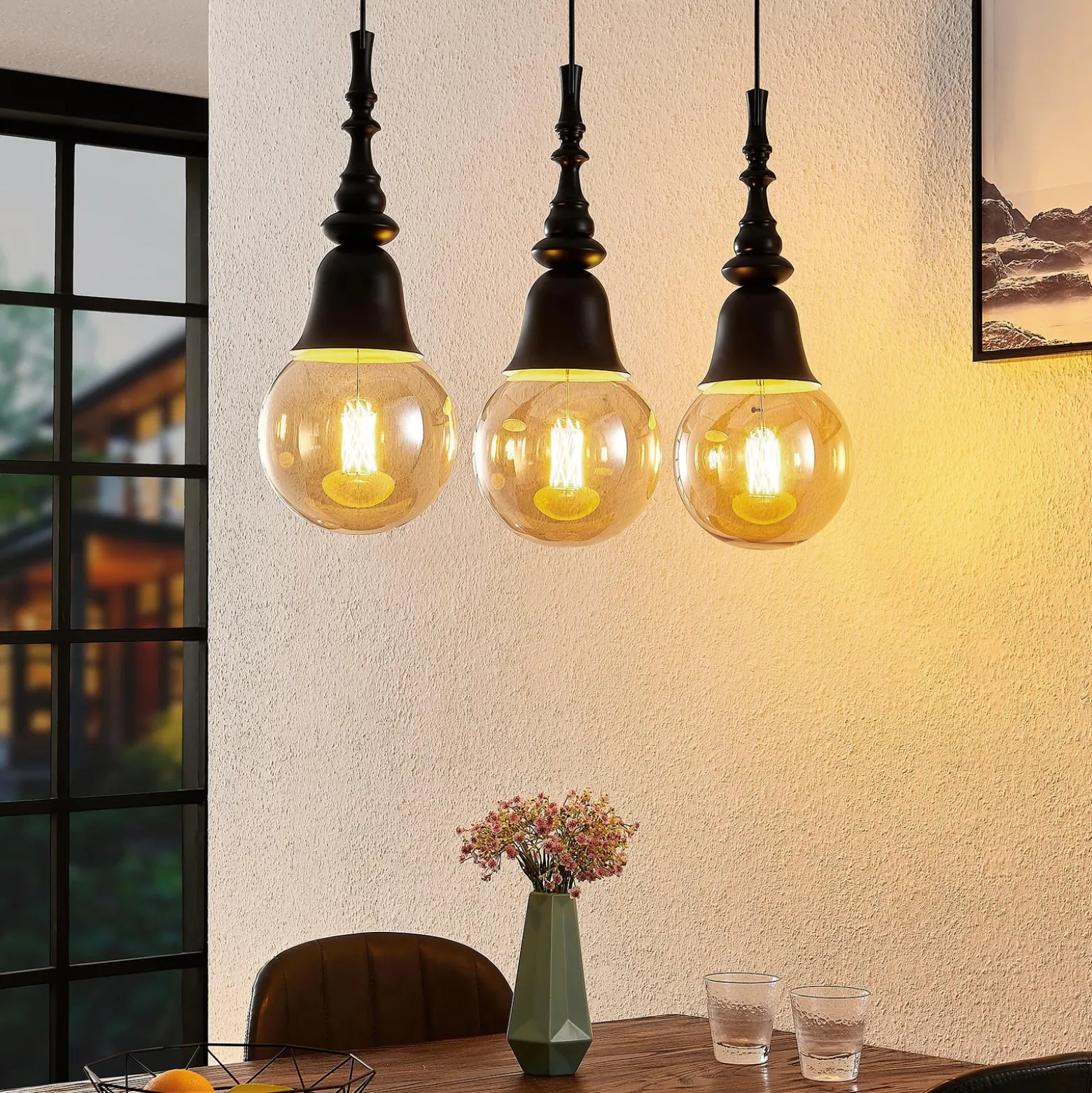 Lucande Gesja colgante, 3 luces, largo, negro