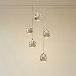 Lucande lámpara colgante LED Hayley, Ø 30 cm, 5 luces, dorado, cristal