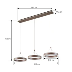 Lucande Lámpara colgante LED Kolo, 114 cm, 3 luces, marrón, atenuable