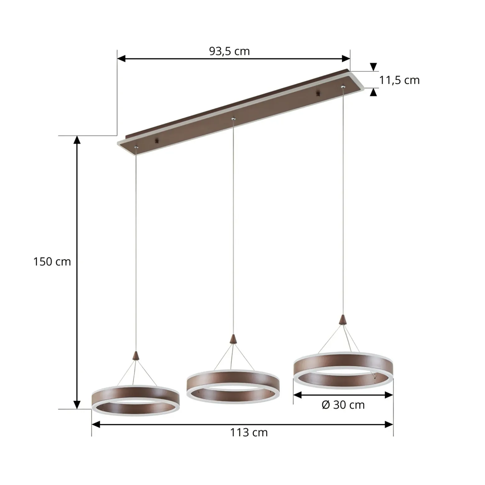 Lucande Lámpara colgante LED Kolo, 114 cm, 3 luces, marrón, atenuable